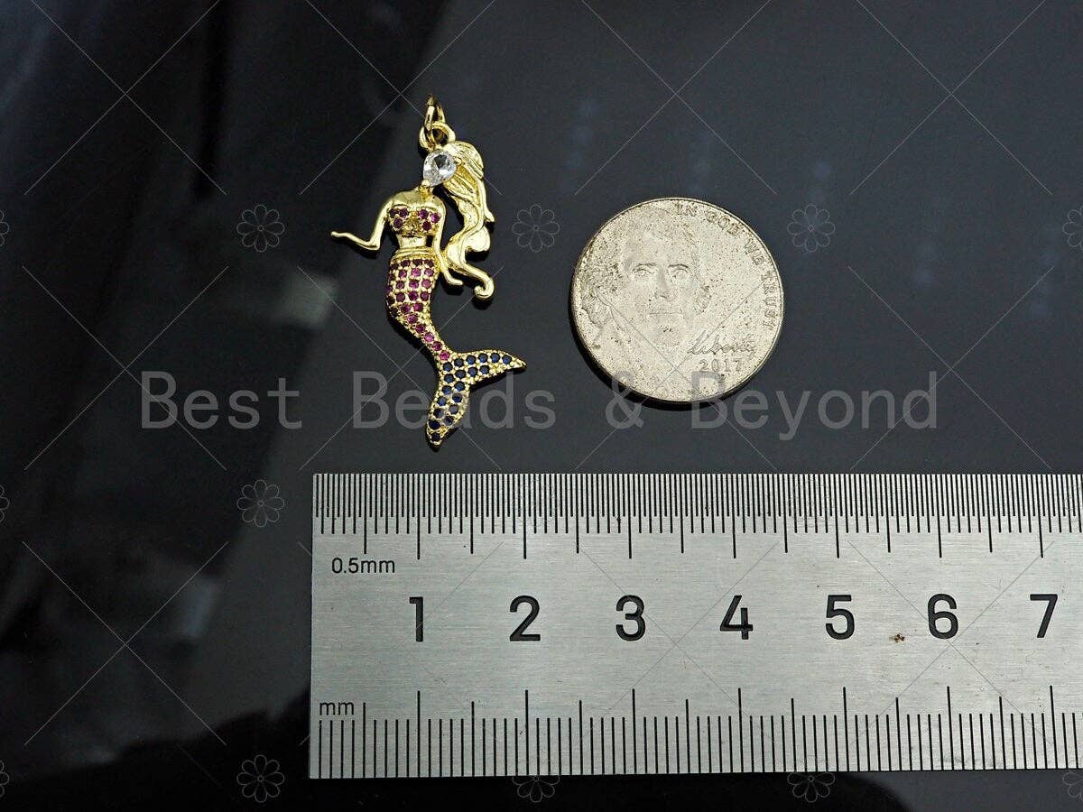 Gold Filled Fuchsia CZ Micro Pave Mermaid Shape Pendant, 18K Gold Filled Mermaid Charm, Necklace Bracelet Charm Pendant,16x33mm,Sku#LK363