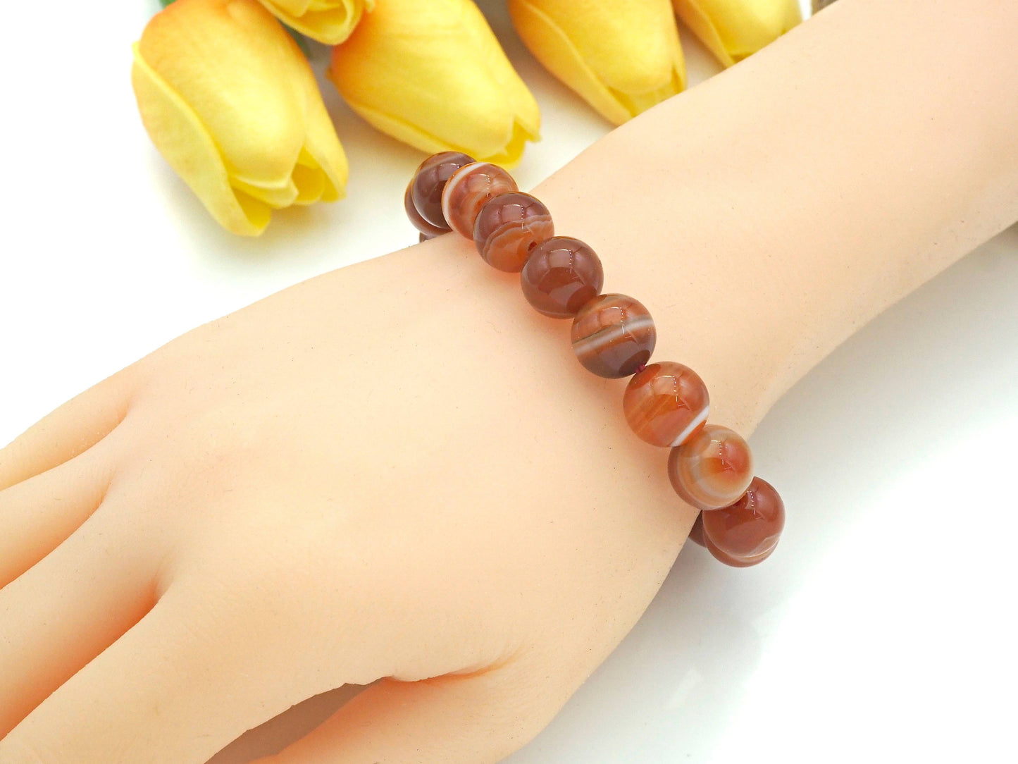 Natural Orange Red Banded Agate Stretch Bracelet, EF14