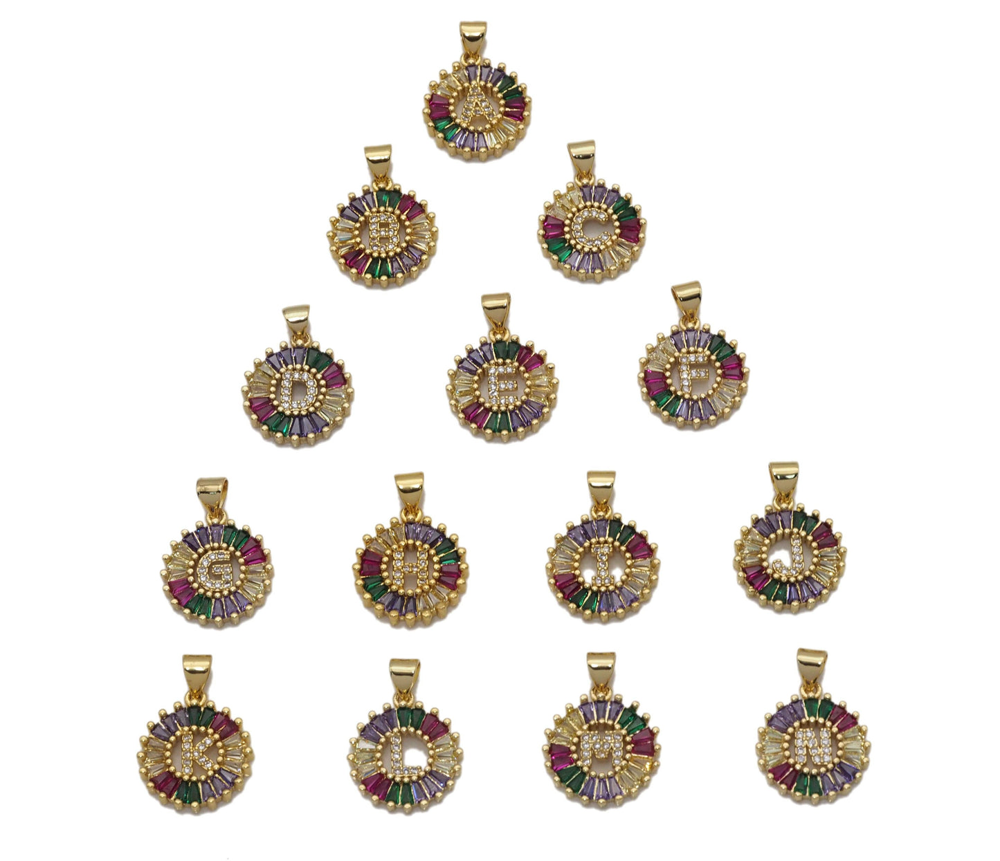 Colorful Baguette CZ initial Letters Round Charm, Sku#JL174
