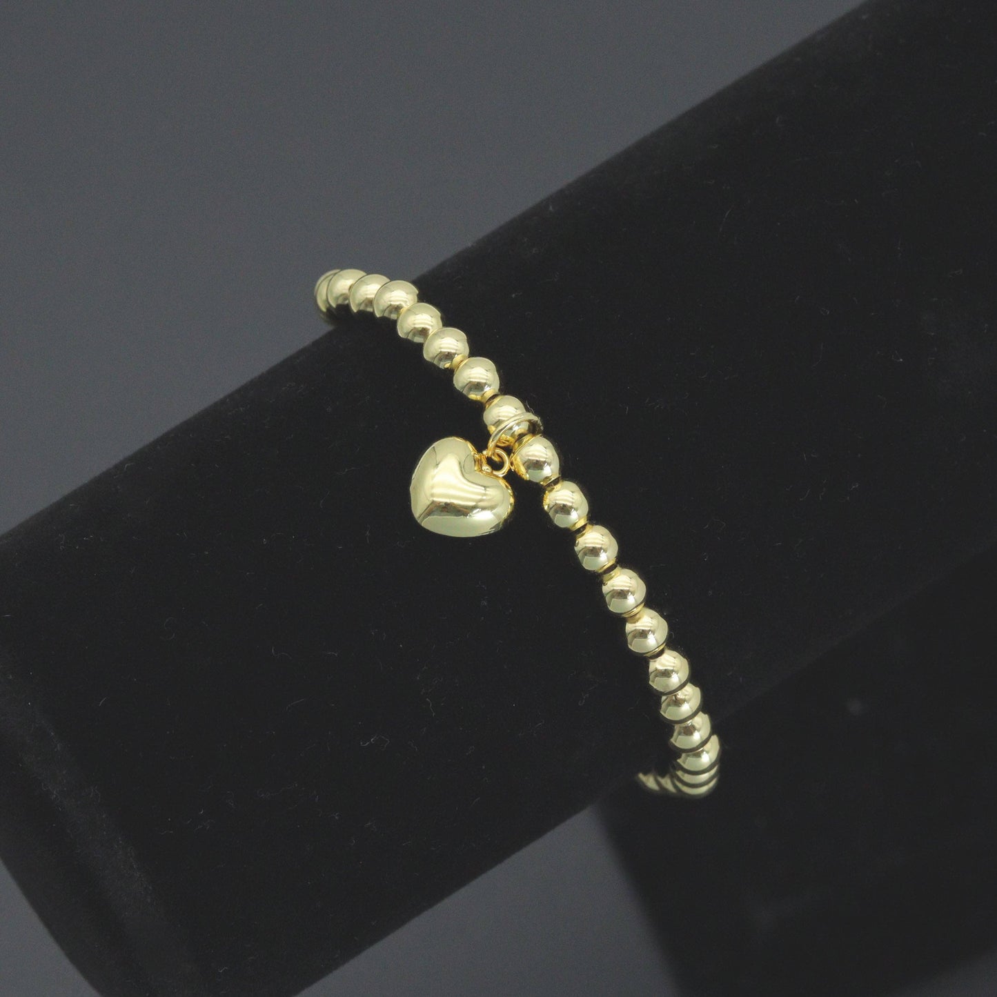 Gold Hematite Ball Beads with Puffy heart stretchy Bracelet, Sku#L726