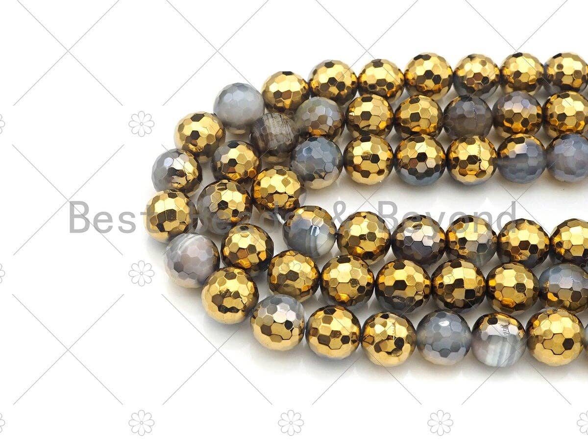 Half Gold Plated Grey Agate Beads, 8mm/10mm/12mm Round Faceted Gold Gray Banded Agate Beads, 15.5" Full Strand, sku#UA130