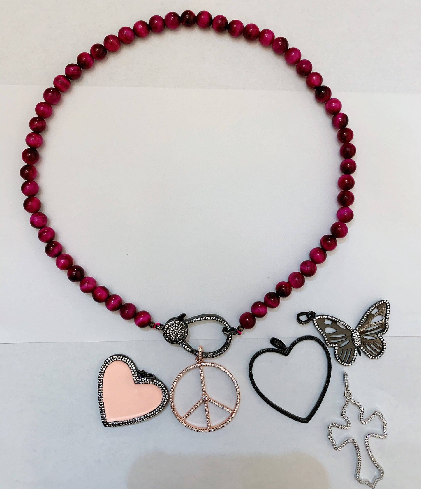 PINK Tiger eye Attachment Necklace with Large CZ Pave Gunmetal clasp, 16/18 long, sku#D40