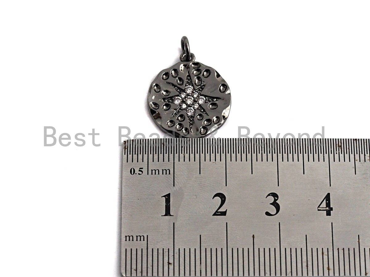 Hammered Micro Pave North Star Coin Pendant/Charm, Star Cubic Zirconia Pendant, Silver/Gold/Rose Gold/Black Tone,17x19mm,Sku#Z500