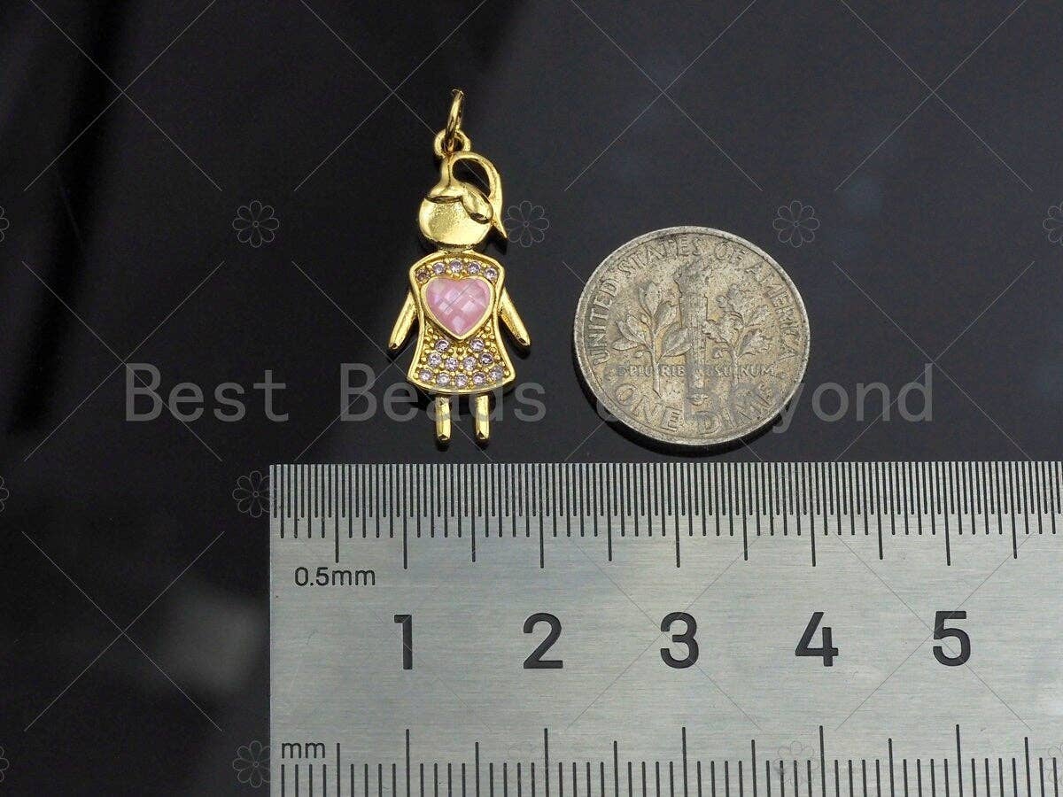 Girl With Pink Heart Pendant/Charm, Mother-of-pearl Inlay Heart Pendant, Cubic Zirconia Pendant, 11x26mm, Sku#LK74