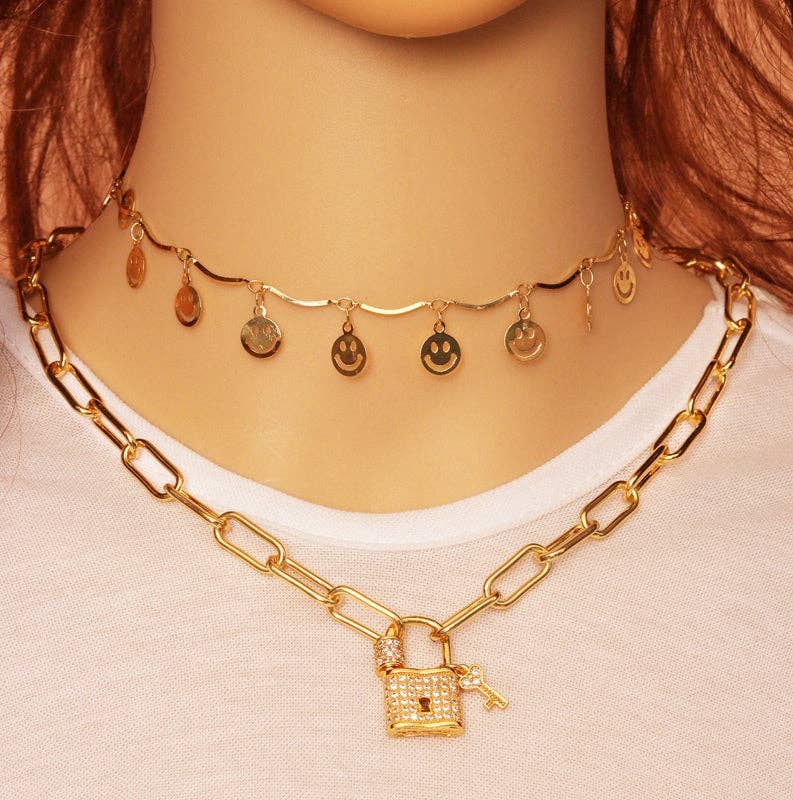 Paperclip Gold Lock Chain Necklace, Sku#EF208