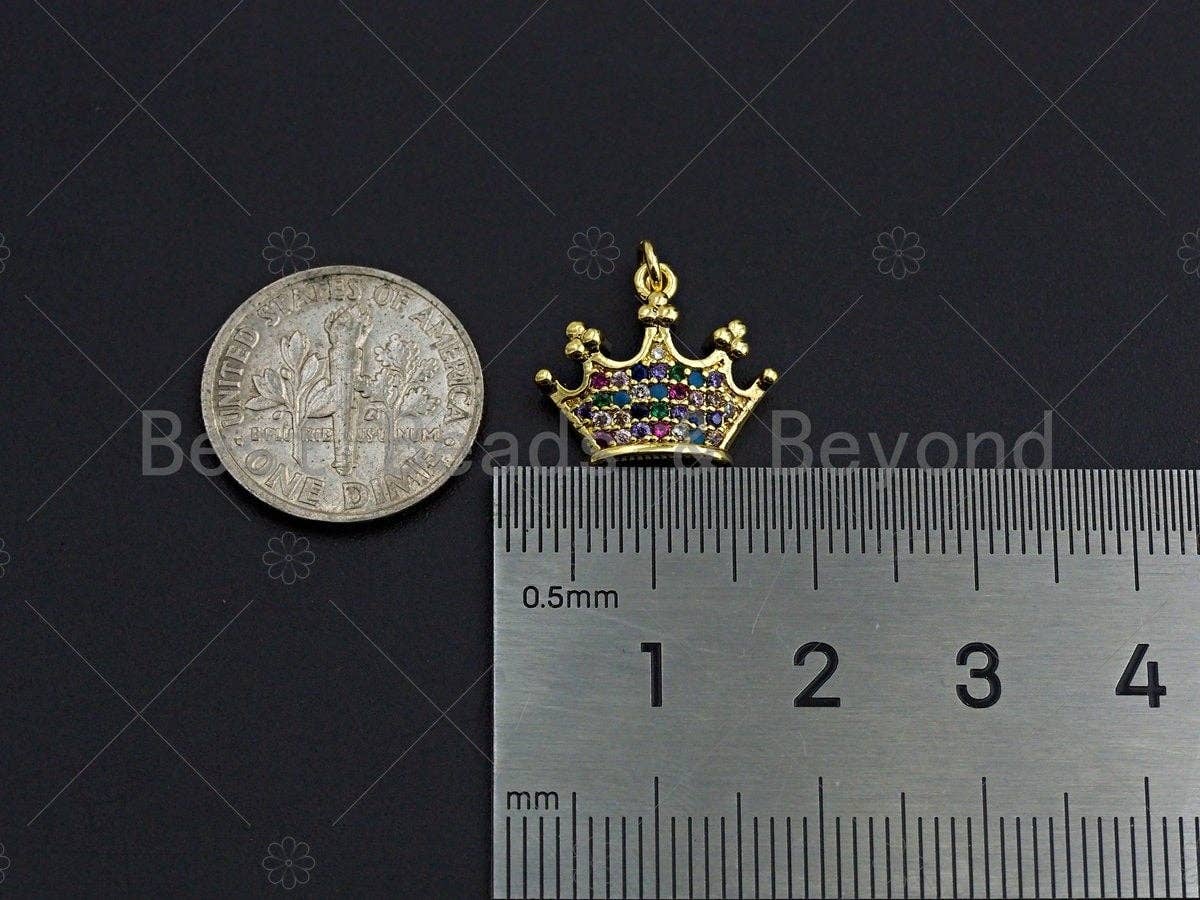 18K Gold Multicolor Micro CZ Pave Crown Pendant, Gold Crown Charm, Crown Beads, Jewelry Findings, 15x13mm,sku#LK39