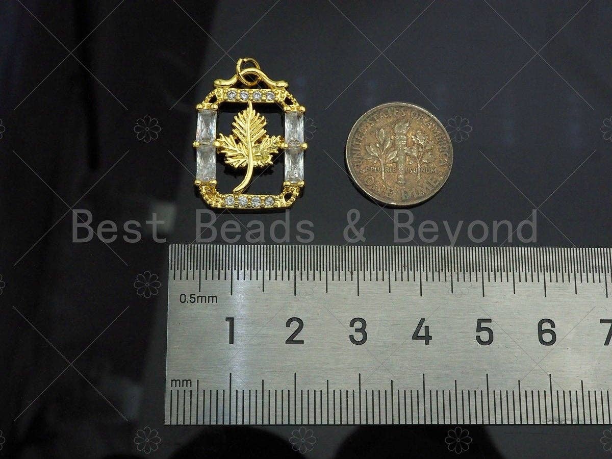 CZ Micro Pave Maple Leaf On Rectangular Frame Shape Pendant/Charm,Big CZ Charm, Necklace Bracelet Charm Pendant,19x24mm, Sku#LK260