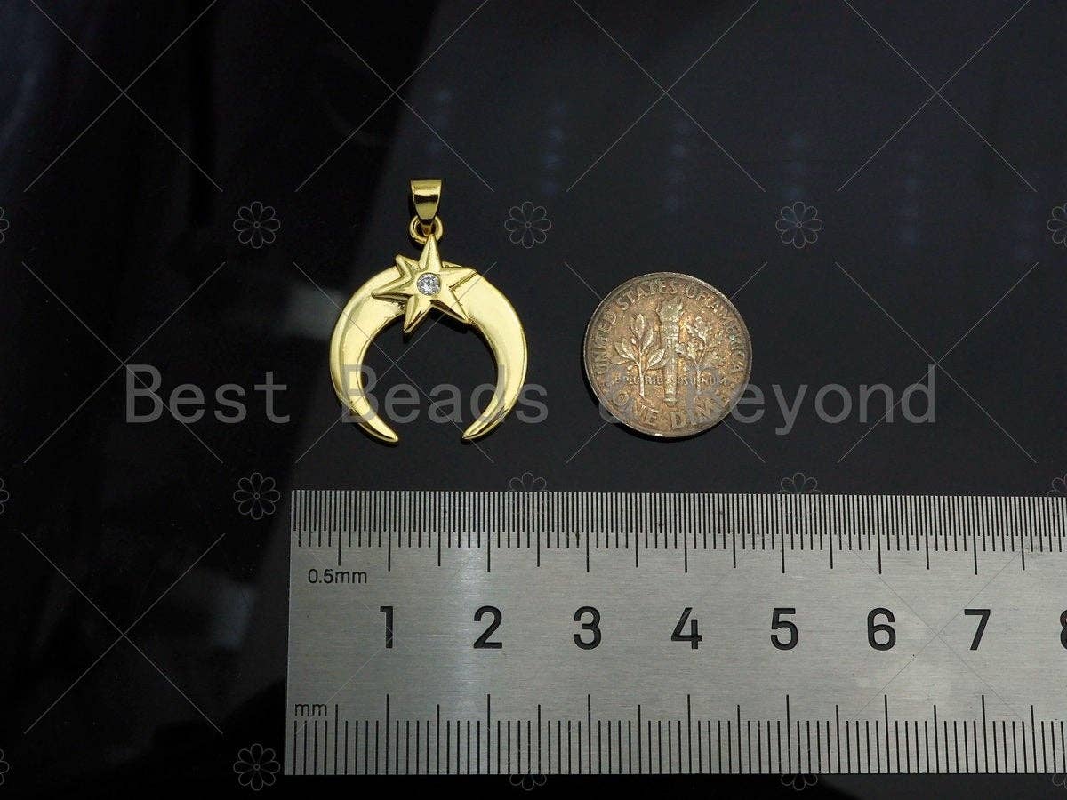 CZ Micro Pave 18k Gold North Star On Horn Shape Pendant, Cubic Zirconia Pendant, Horn Charm, CZ Micro Pave Pendant,21x25mm,Sku#LK213