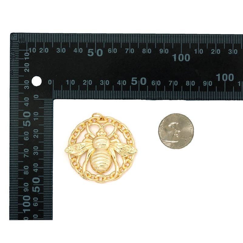 CZ Gold Bee On Round Link Charm, Sku#LK789