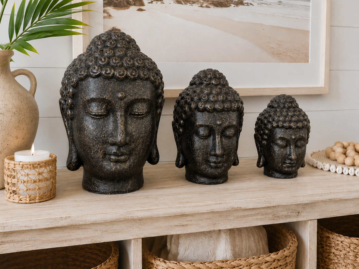 Set of 3 Handcrafted GRC Buddha Head Sculpture – Bali Indonesia Coastal Decor
