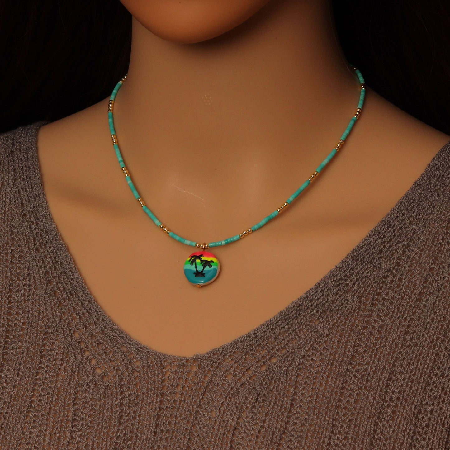 Green Gemstone Beads with Gold Spacer Necklace, sku#EF552