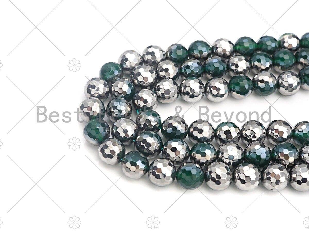 Top Quality Half Silver Plated Green Agate Beads, 8mm/10mm/12mm Round Faceted Green Agate beads, 15.5" Full Strand, sku#UA96