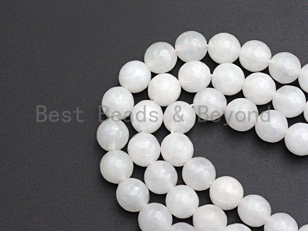 High Quality Faceted Round Jade, 6mm/8mm/10mm/12mm White Faceted Jade Beads, Natural Gemstone Beads, Sku#U579