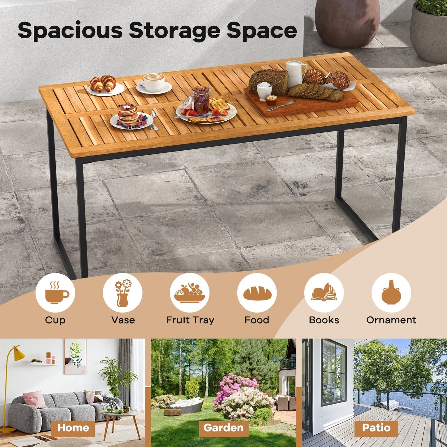 Acacia Wood Dining Table for 6 People with Slatted Tabletop and Umbrella Hole