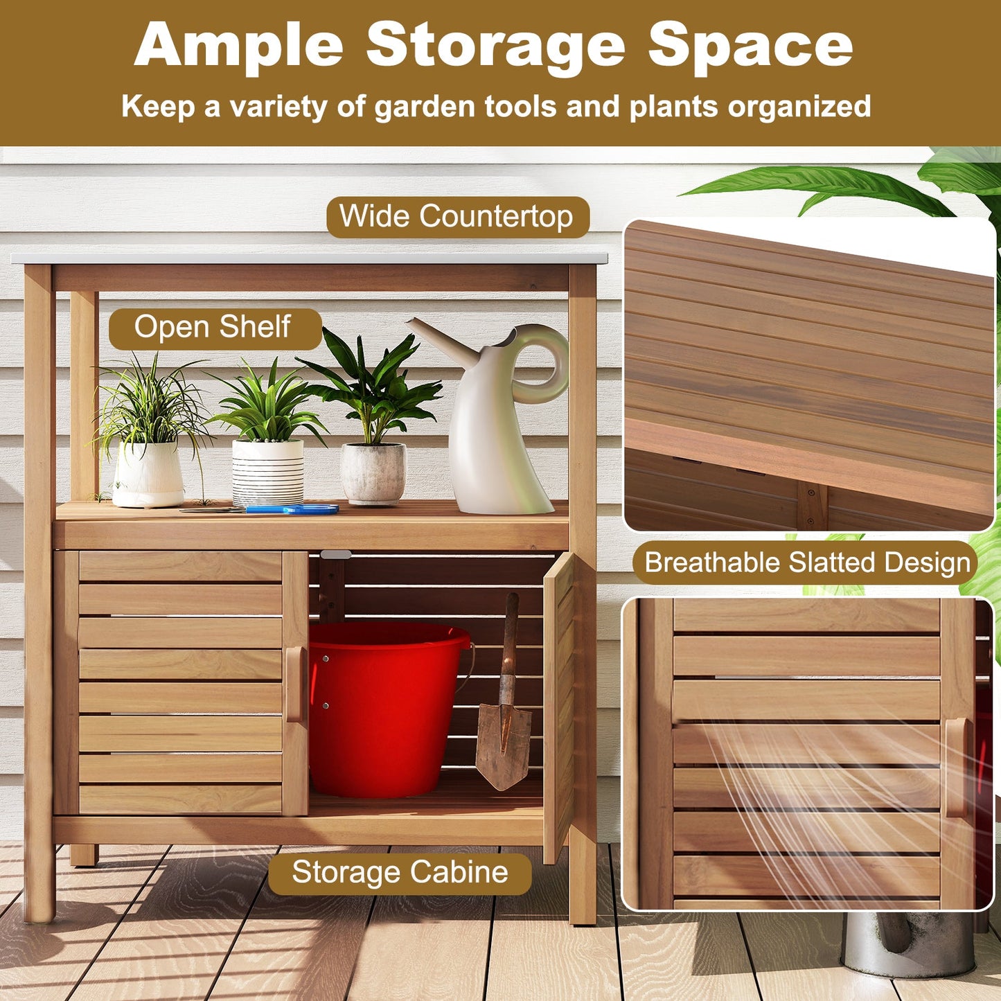 Outdoor Potting Bench Acacia Wood Garden Potting Table Planting Work Bench Station with Louvered Doors