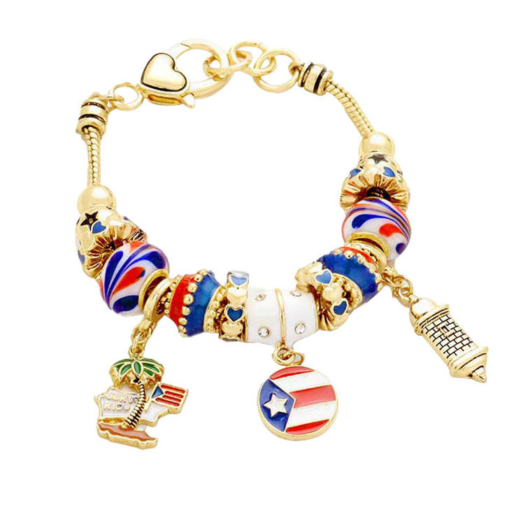 Puerto Rico Flag Charm Multi Bead Bracelet