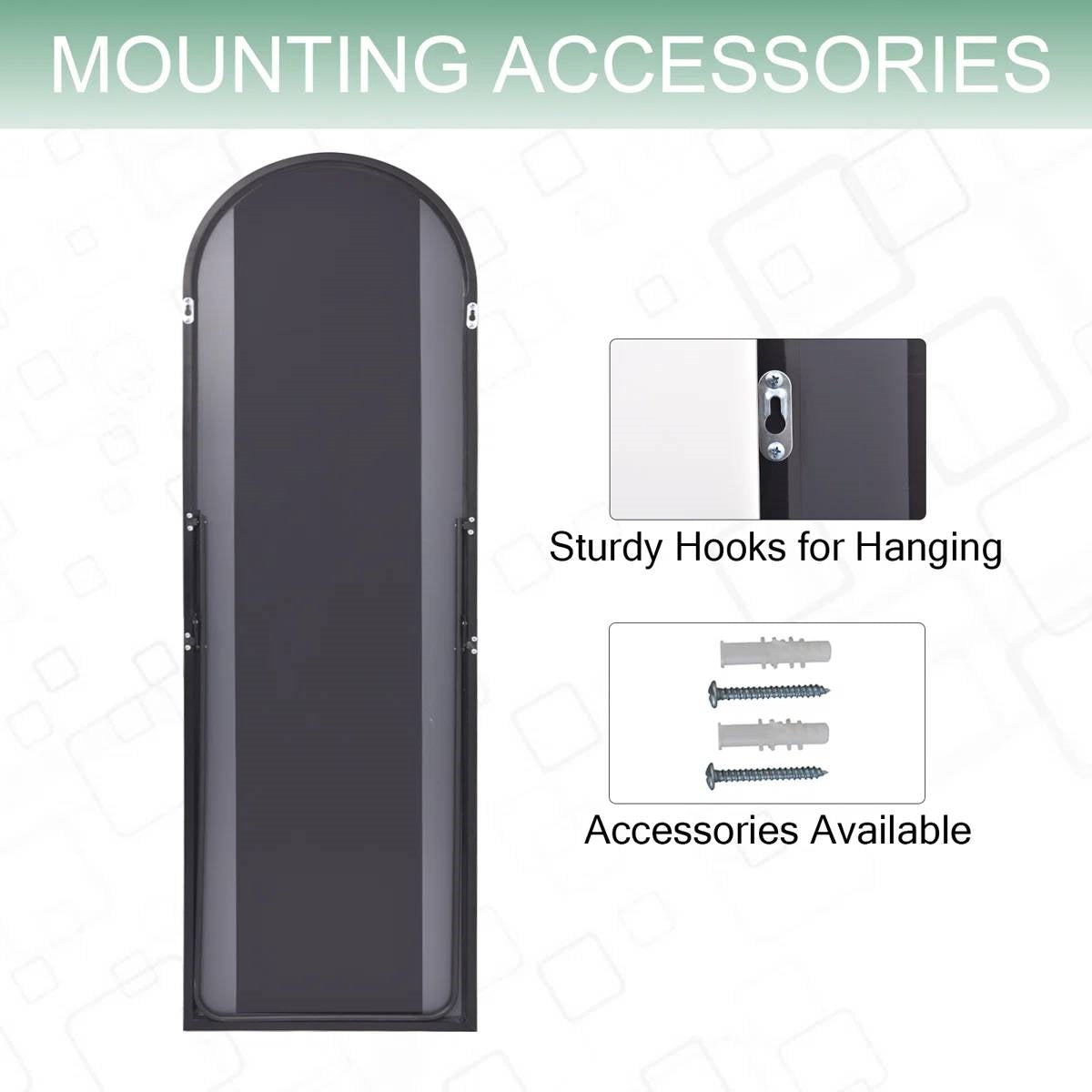 Black 64-inch Full Length Arched Floor Mirror with Stand and Wall Hanging Screws