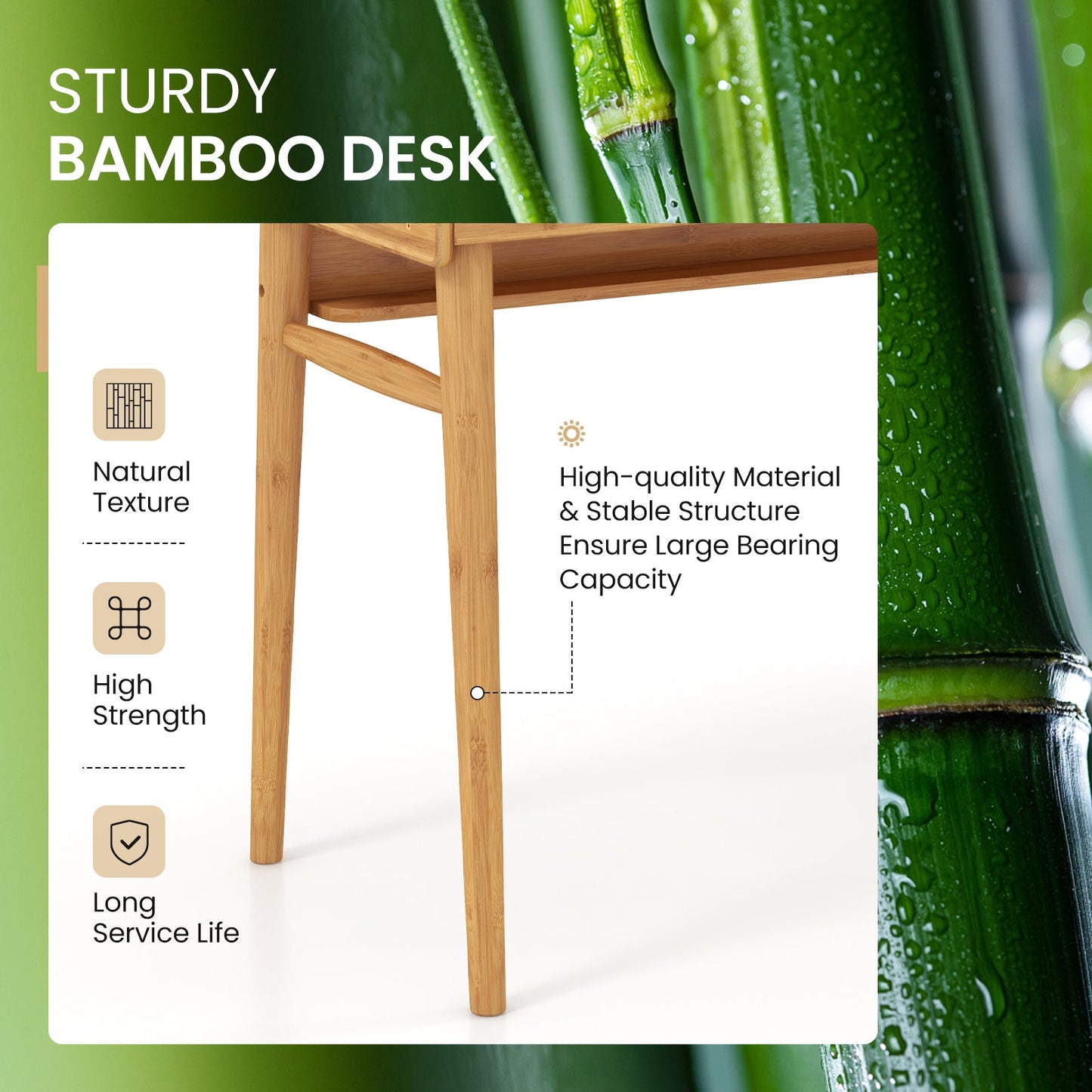 Bamboo Writing Desk with 2 Storage Drawers and Open Shelf