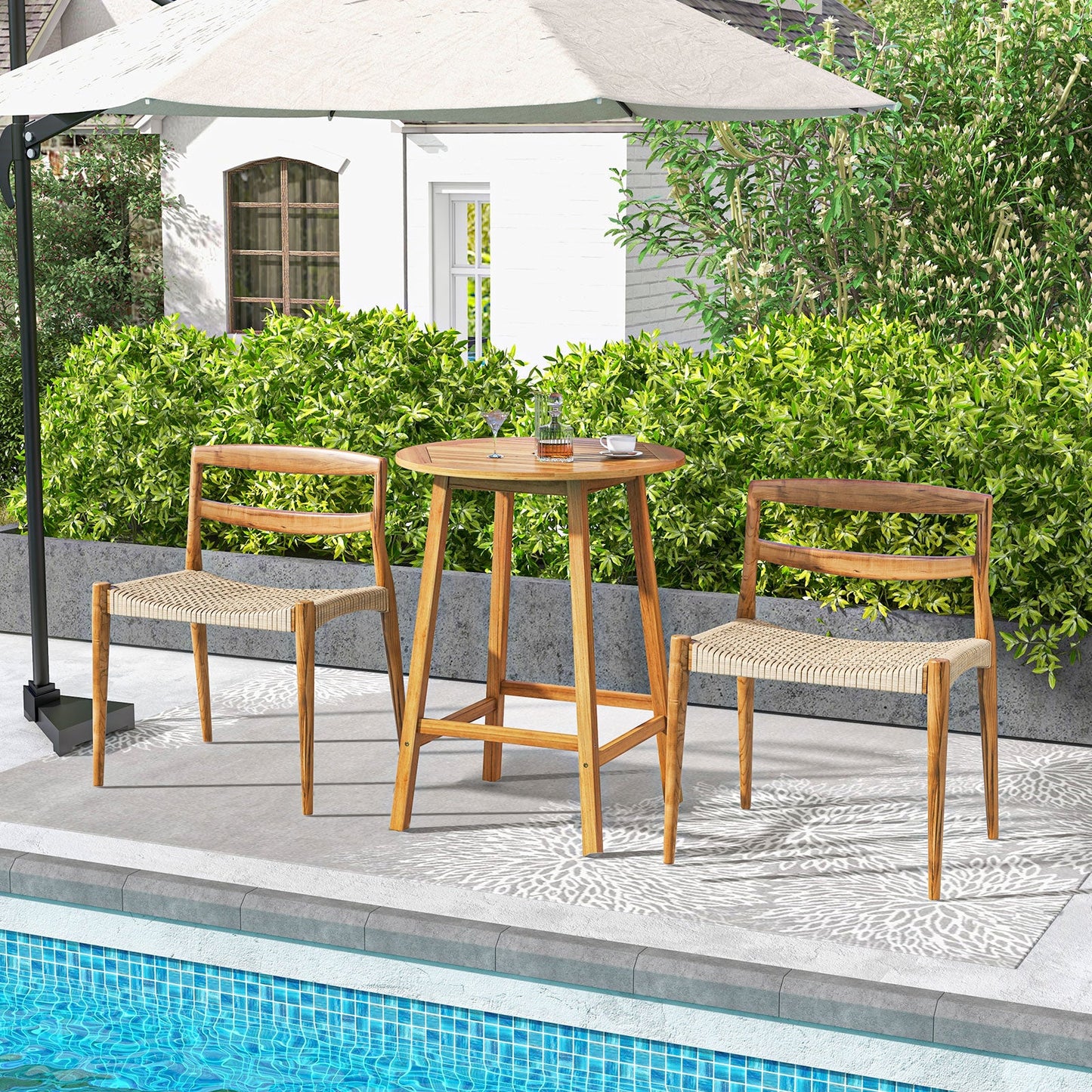 Bar Height Table with Umbrella Hole and Slatted Tabletop for Outdoors