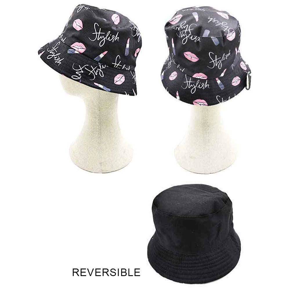 Stylish Message Lipstick Patterned Reversible Bucket Hat