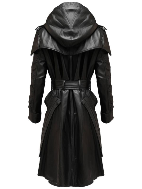 Black Stylish Leather Hooded Coat