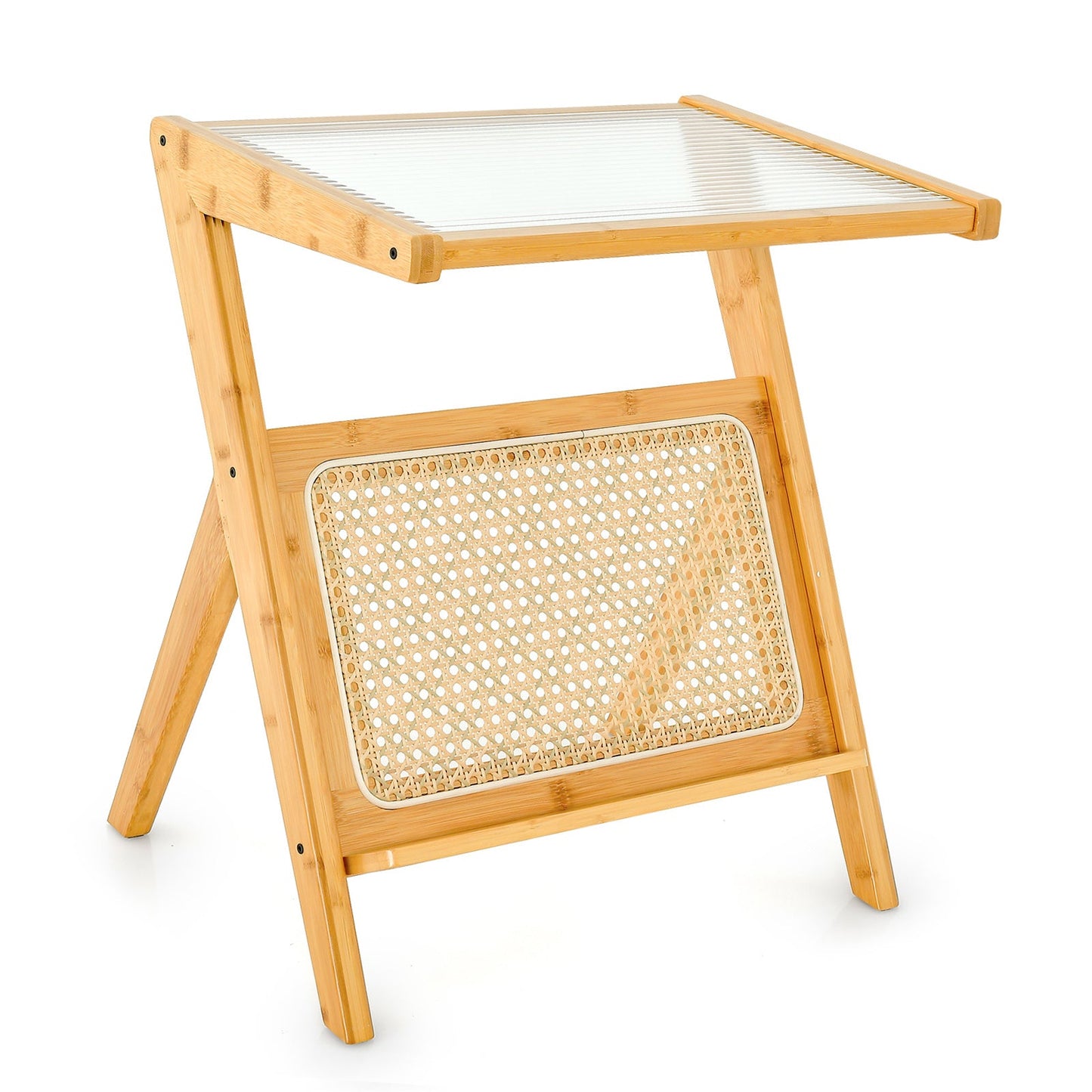 Boho End Table with Magazine Rack and Tempered Glass Top