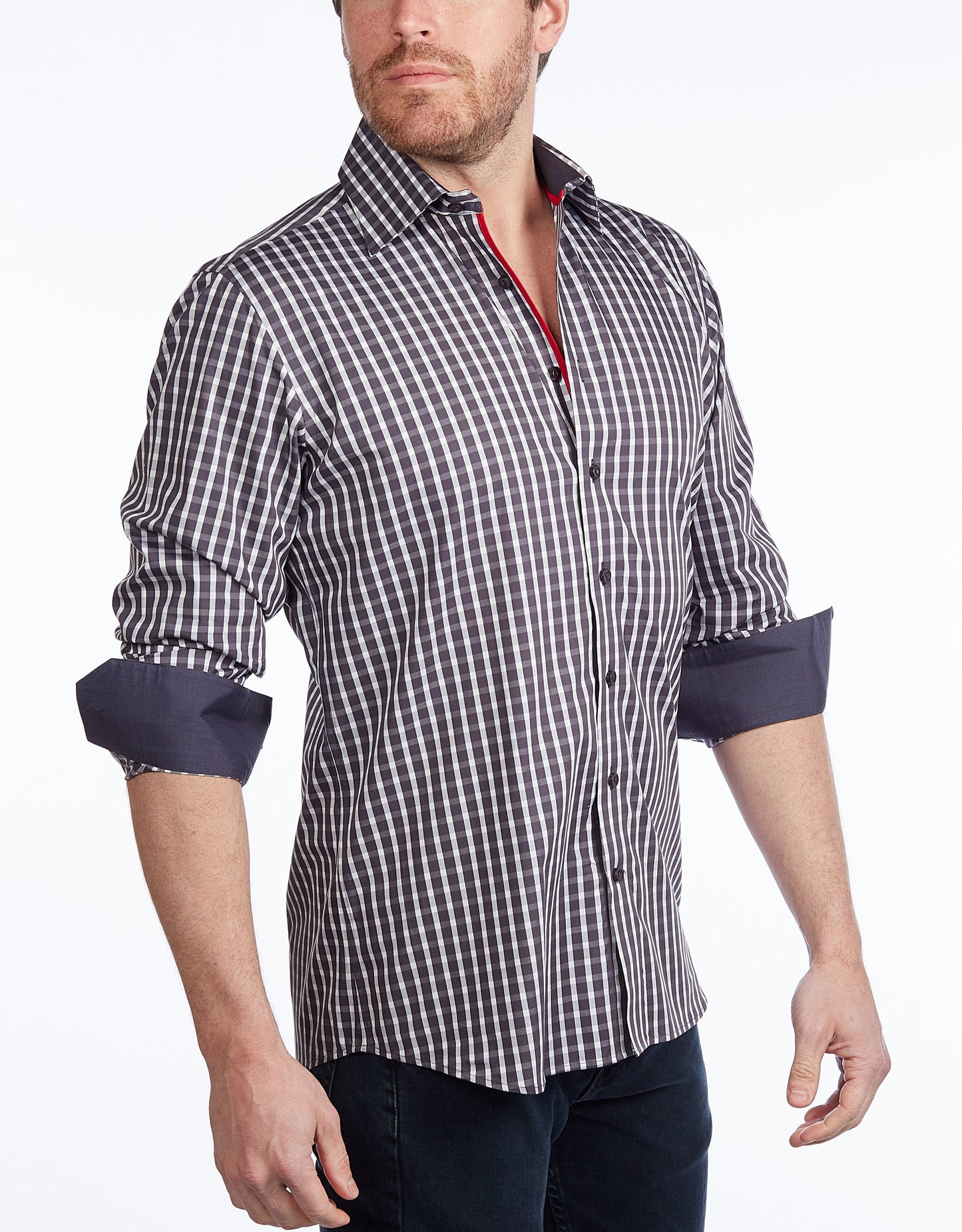 Button-Up Shirt I Charcoal - Contemporary Fit - Contrast trimming - Size Small