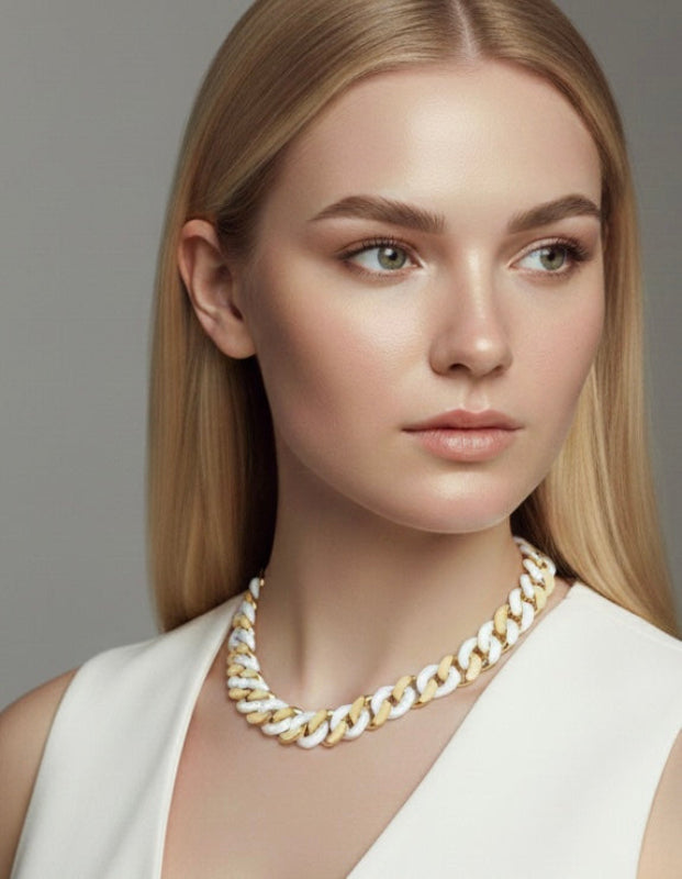 C160GW B.Tiff 2-Tone Gold Plated White Ceramic Flat Cuban Link Necklace/ 16mm