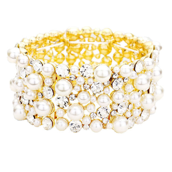 Pearl Crystal Pave Stretch Evening Bracelet