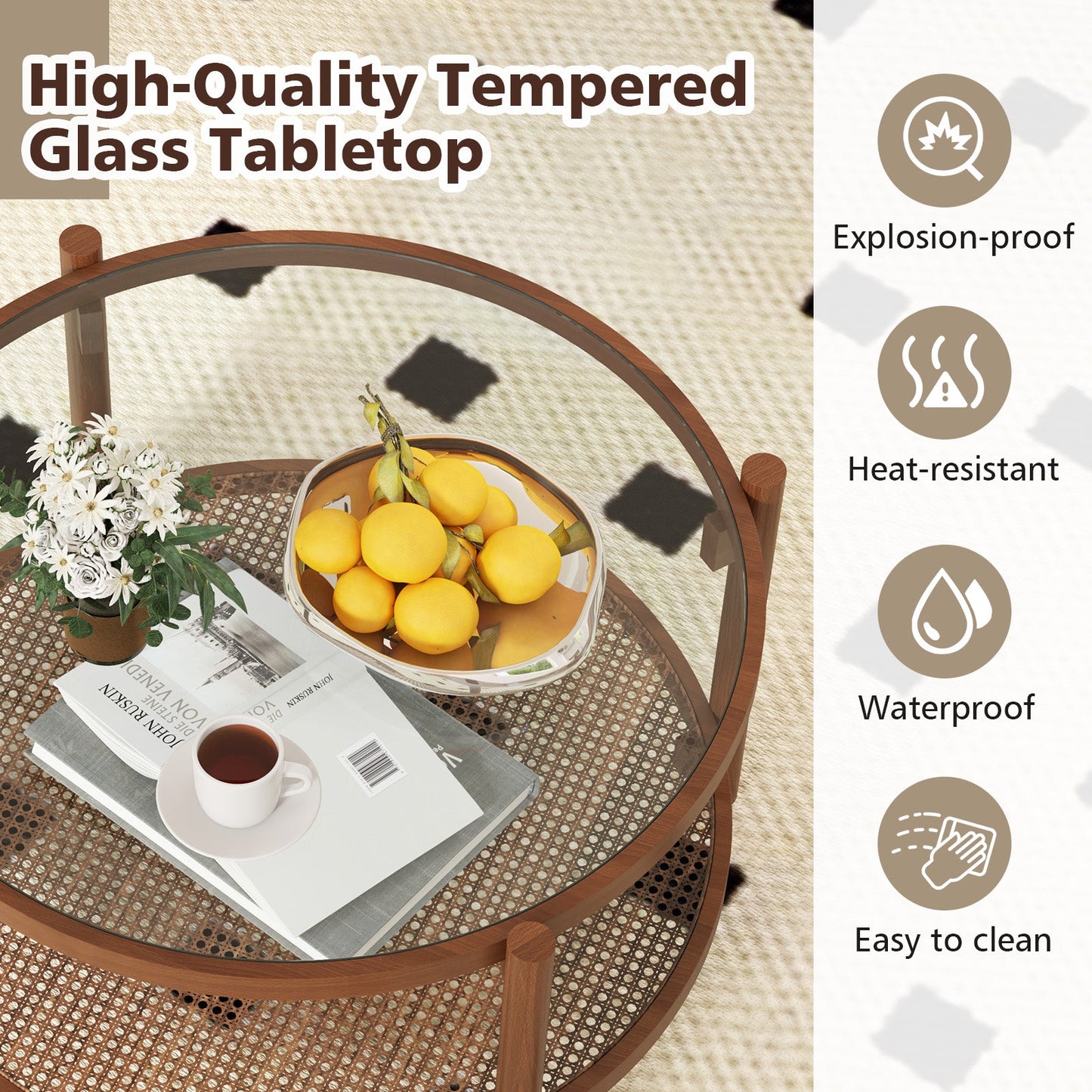 31 Inch 2-Tier Round Coffee Table with Tempered Glass Top for Living Room-Cherry