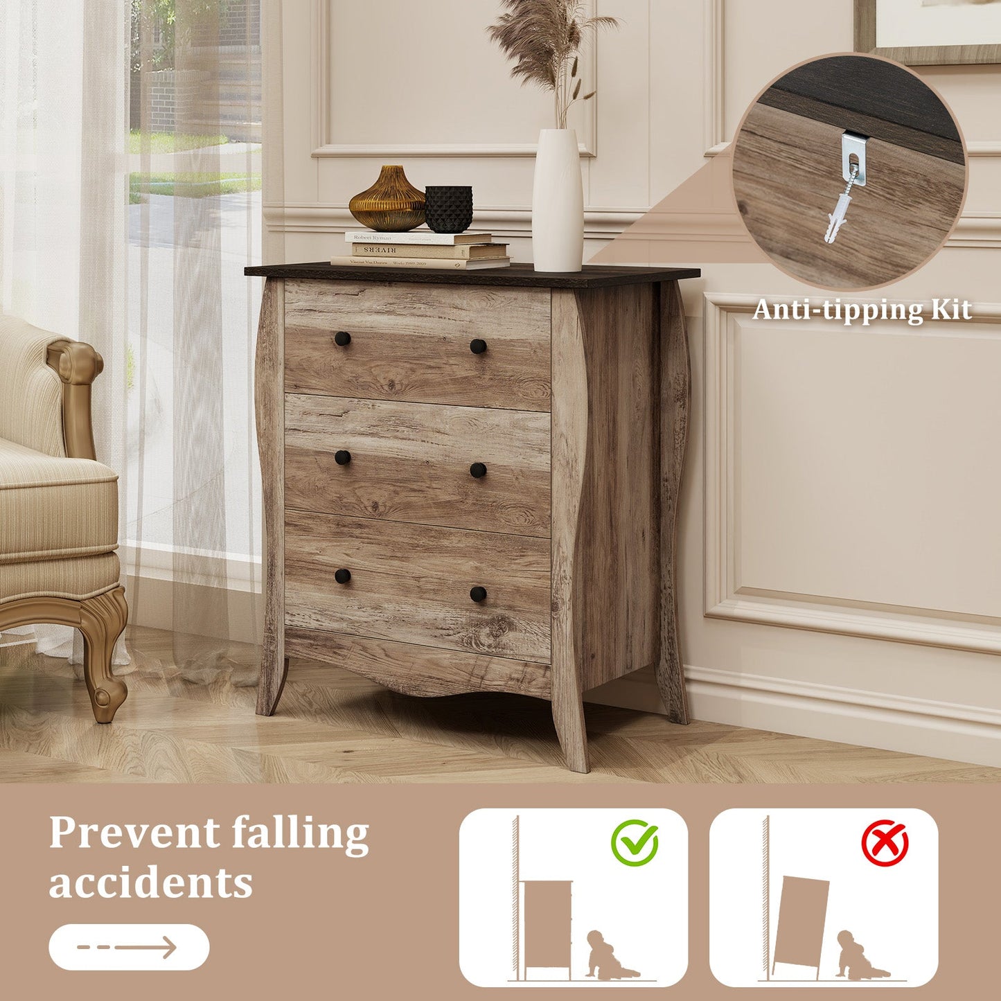 Dresser for Bedroom with 3 Folding Fabric Drawers and Anti-tipping Kit