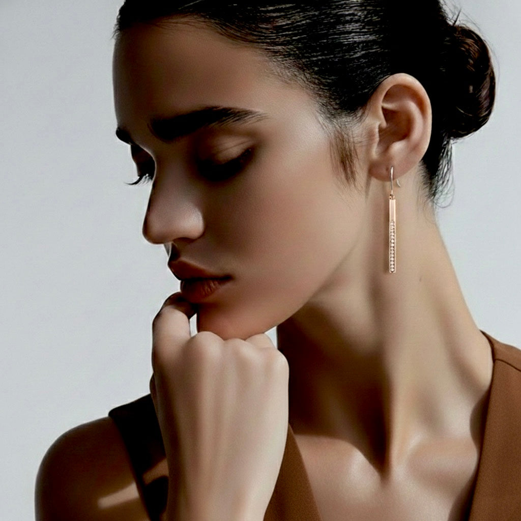 ER318RG B.Tiff Rose Gold Pavé 14-Stone Dangling Bar Earrings