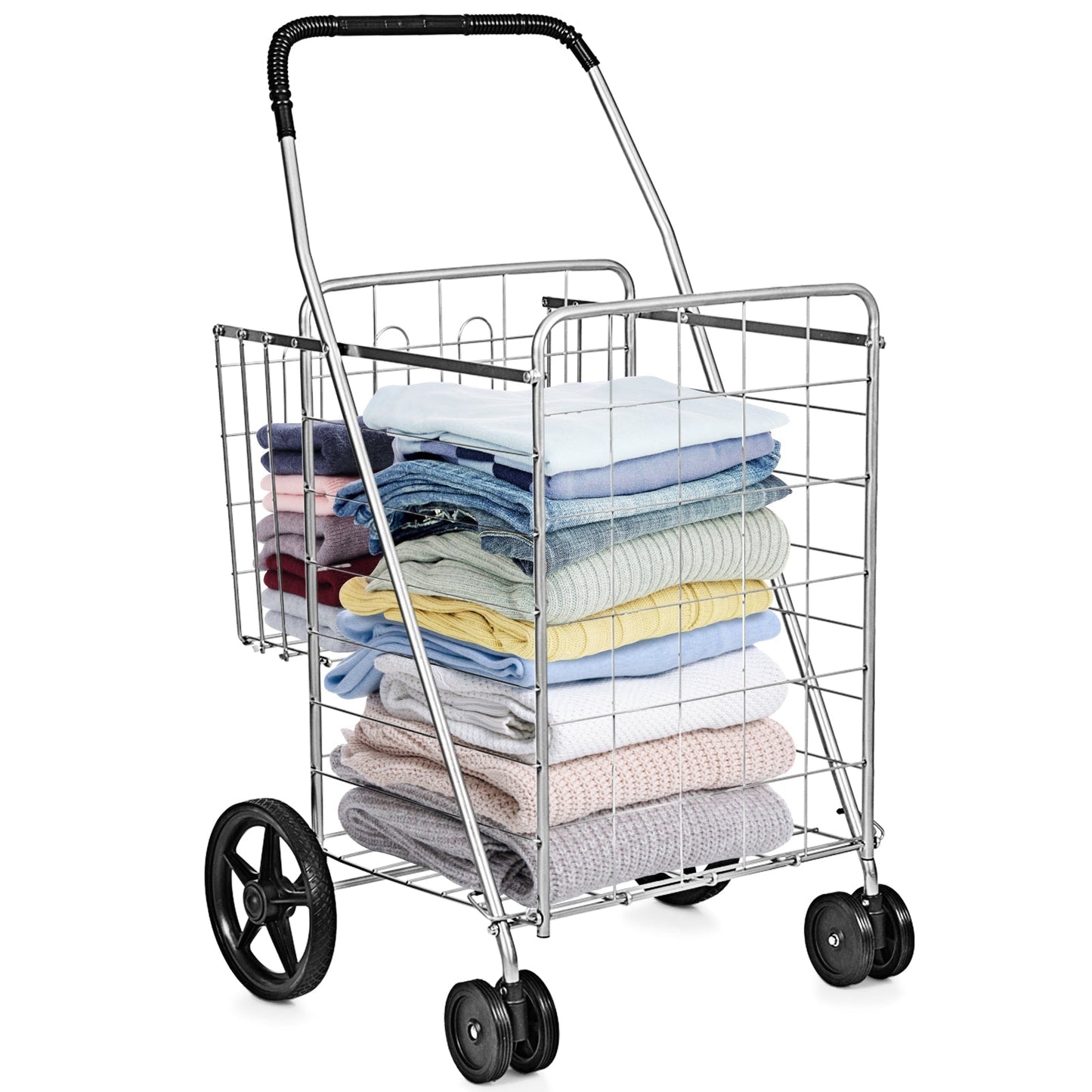 Folding Shopping Cart for Laundry with Swiveling Wheels and Dual Storage Baskets