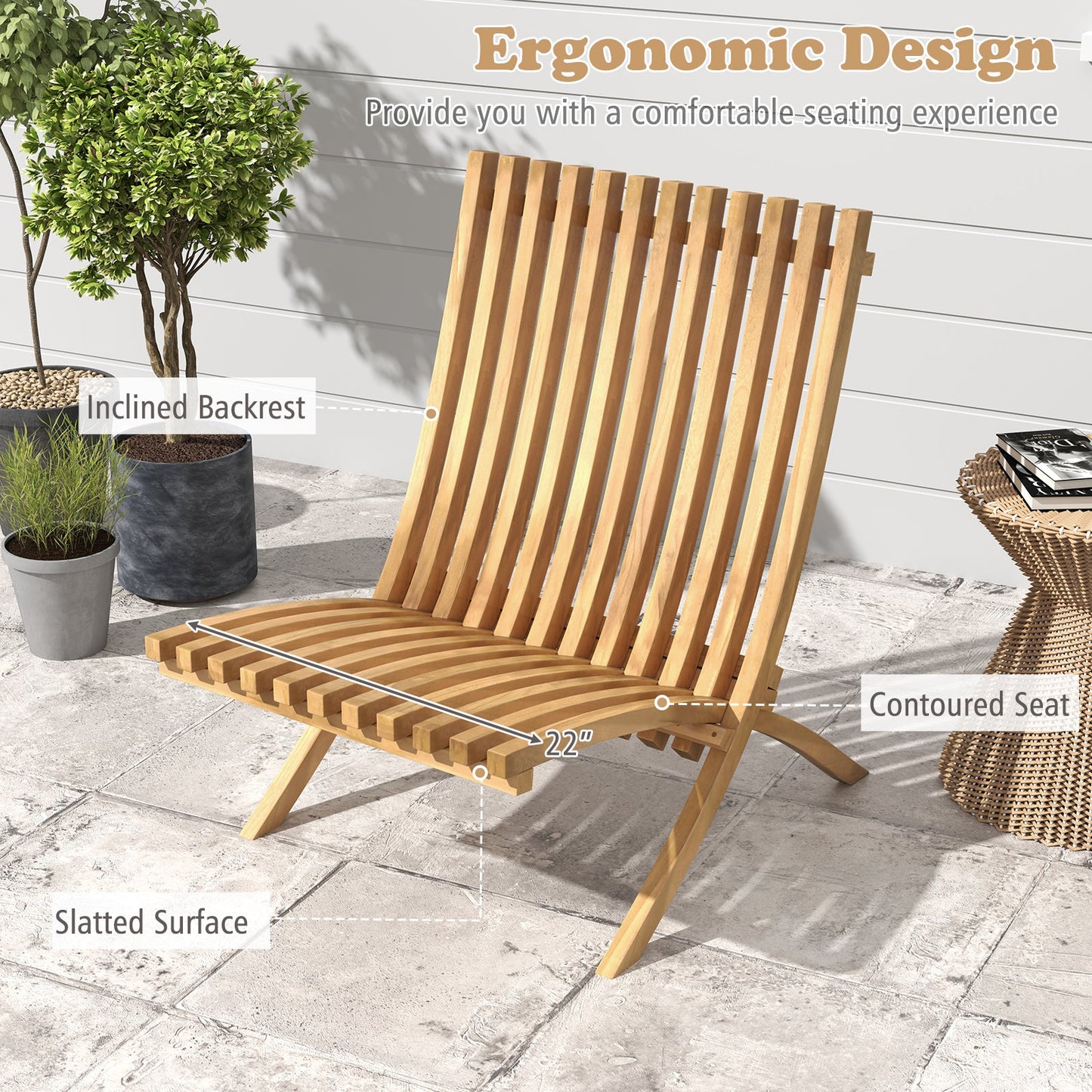 Folding Teak Wood Outdoor Lounge Chair with Slatted Seat and Backrest