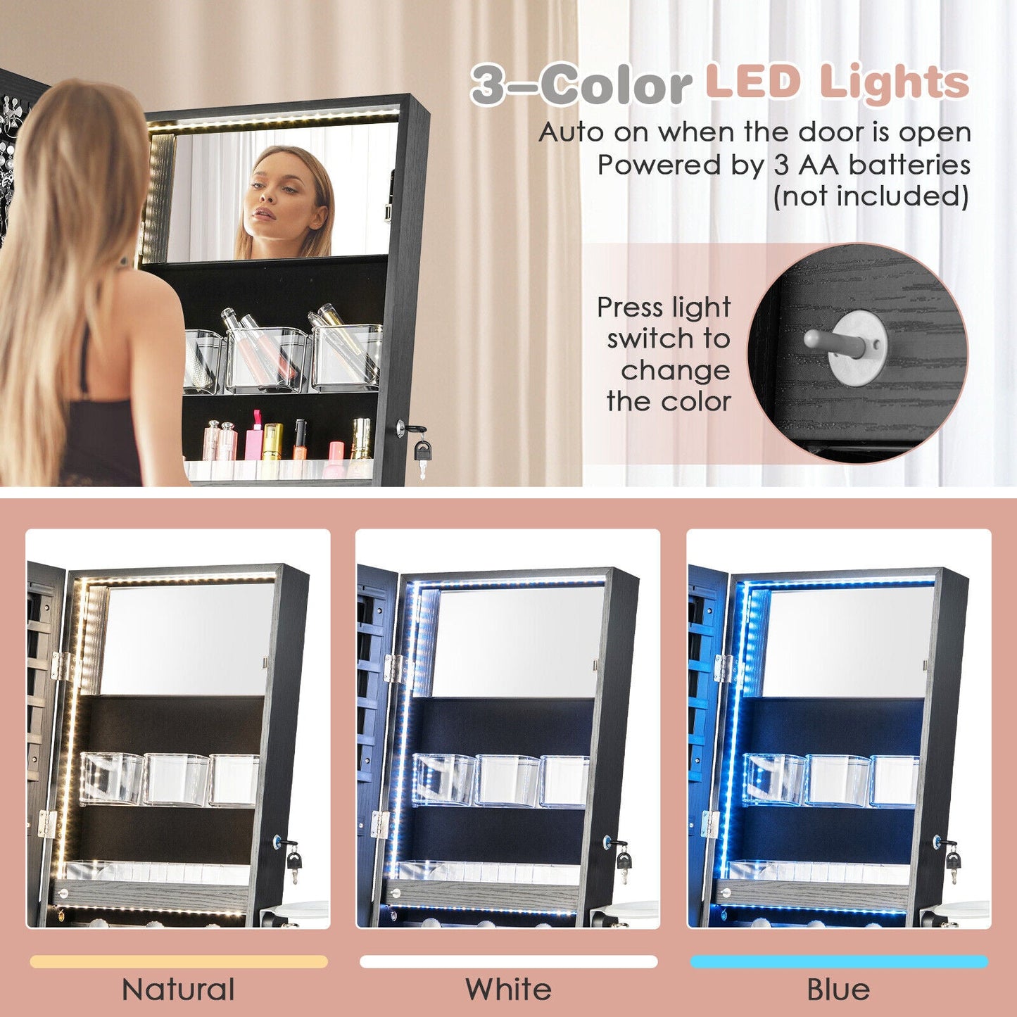Freestanding Jewelry Cabinet with Full Length HD Mirror