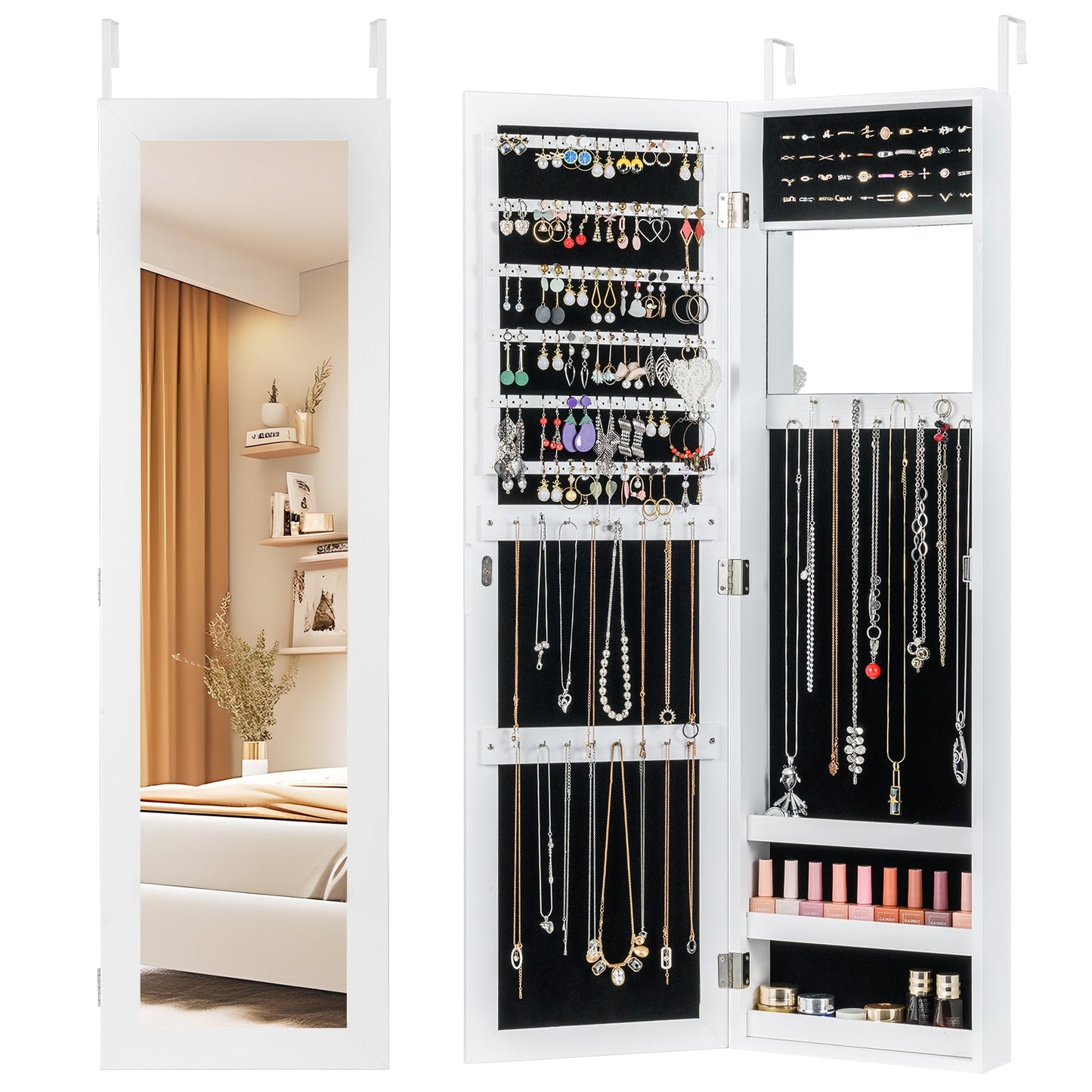 Full Length Mirror Jewelry Cabinet with Ring Slots and Necklace Hooks