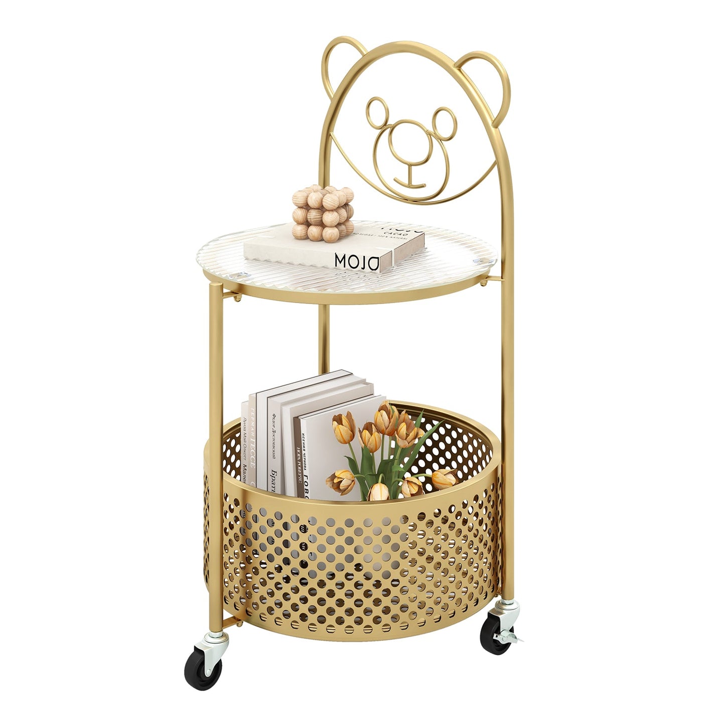Modern Sofa Side Table on Lockable Wheels for Living Room Bedroom Study-White