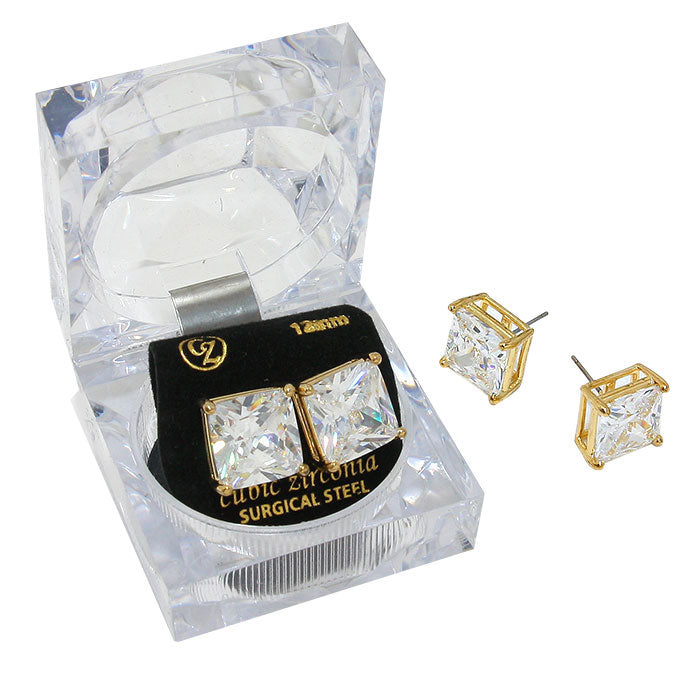 Women's 12mm Square Crystal Cubic Zirconia Stud Earrings in Clear Gift Box - Ready to