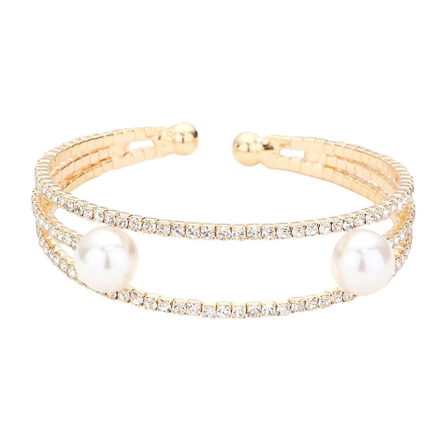 Trendy Pearl Accented Split Rhinestone Cuff Evening Bracelet