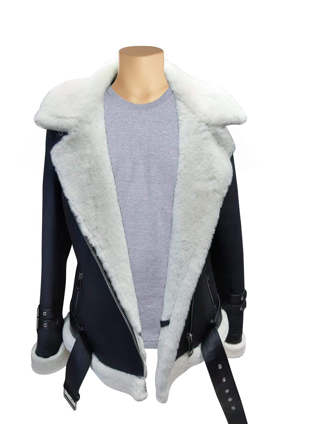 Jaynes Sheepskin Black and White Biker Shearling Jacket