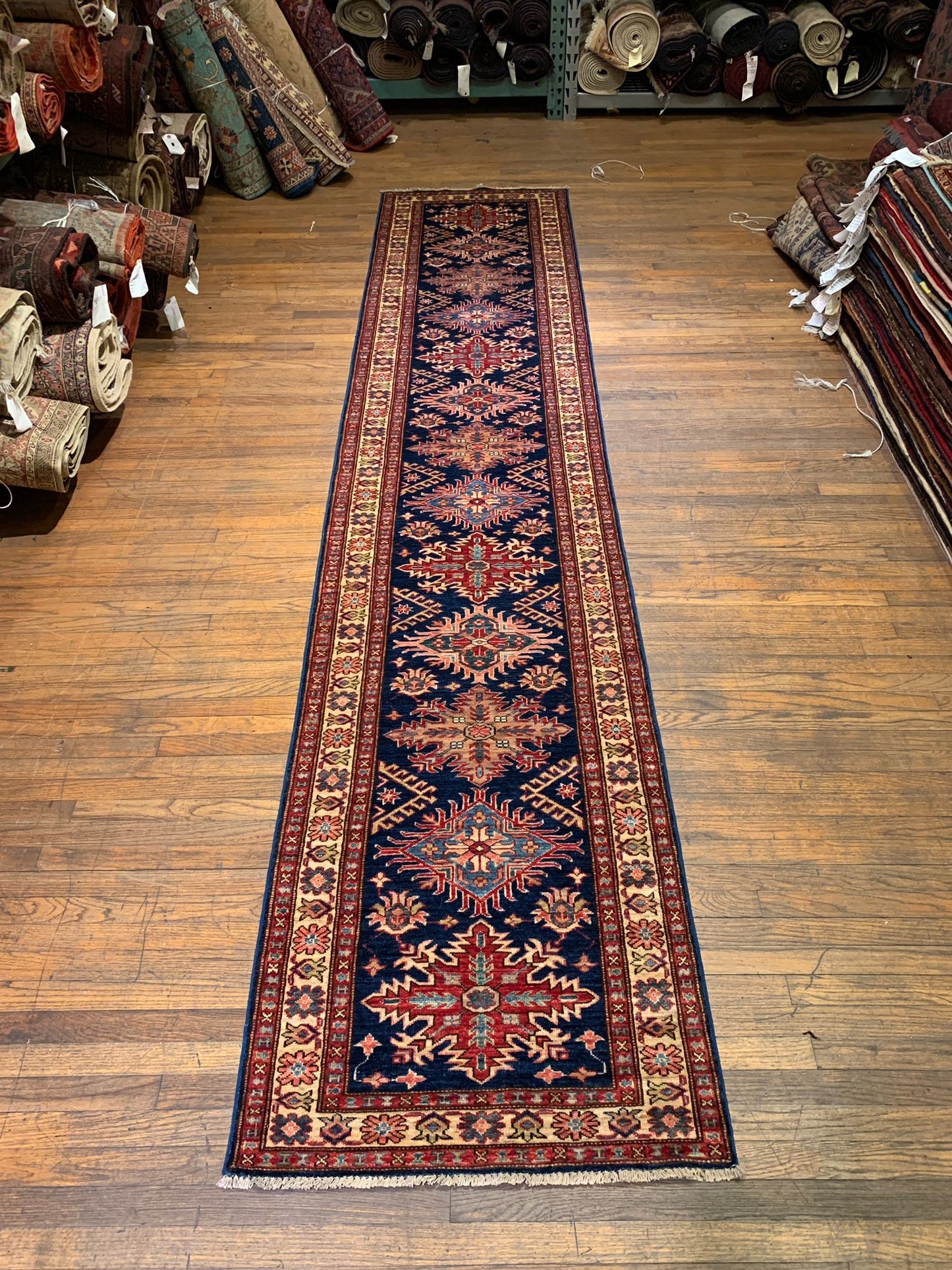 Hand-Knotted Vegetable Dye Kazak Rug from Pakistan, size 2' 8" x 13' 2"