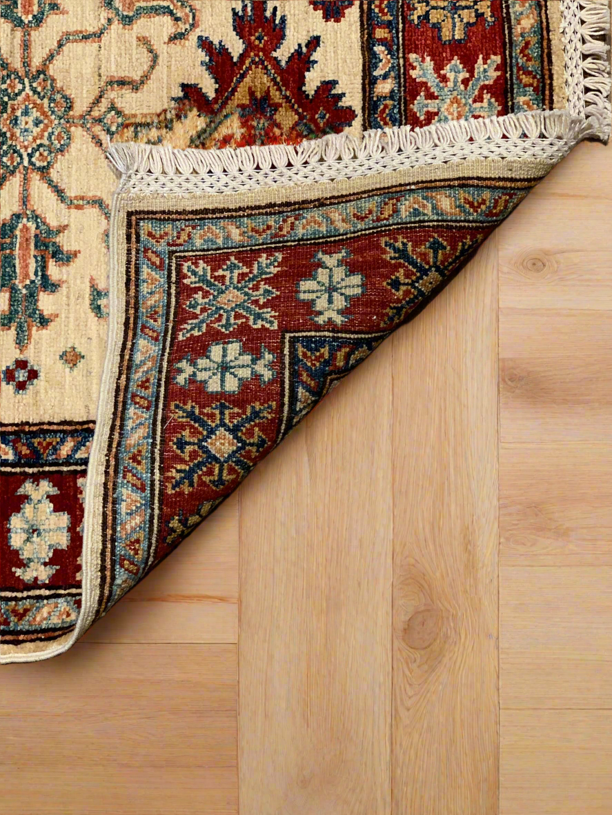 Hand-Knotted Vegetable Dye Kazak Rug from Pakistan, size 2' 9" x 4"