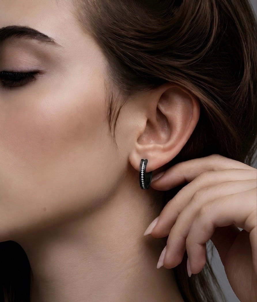 ER411B B.Tiff Black Pavé 34-Stone Hoop Earrings
