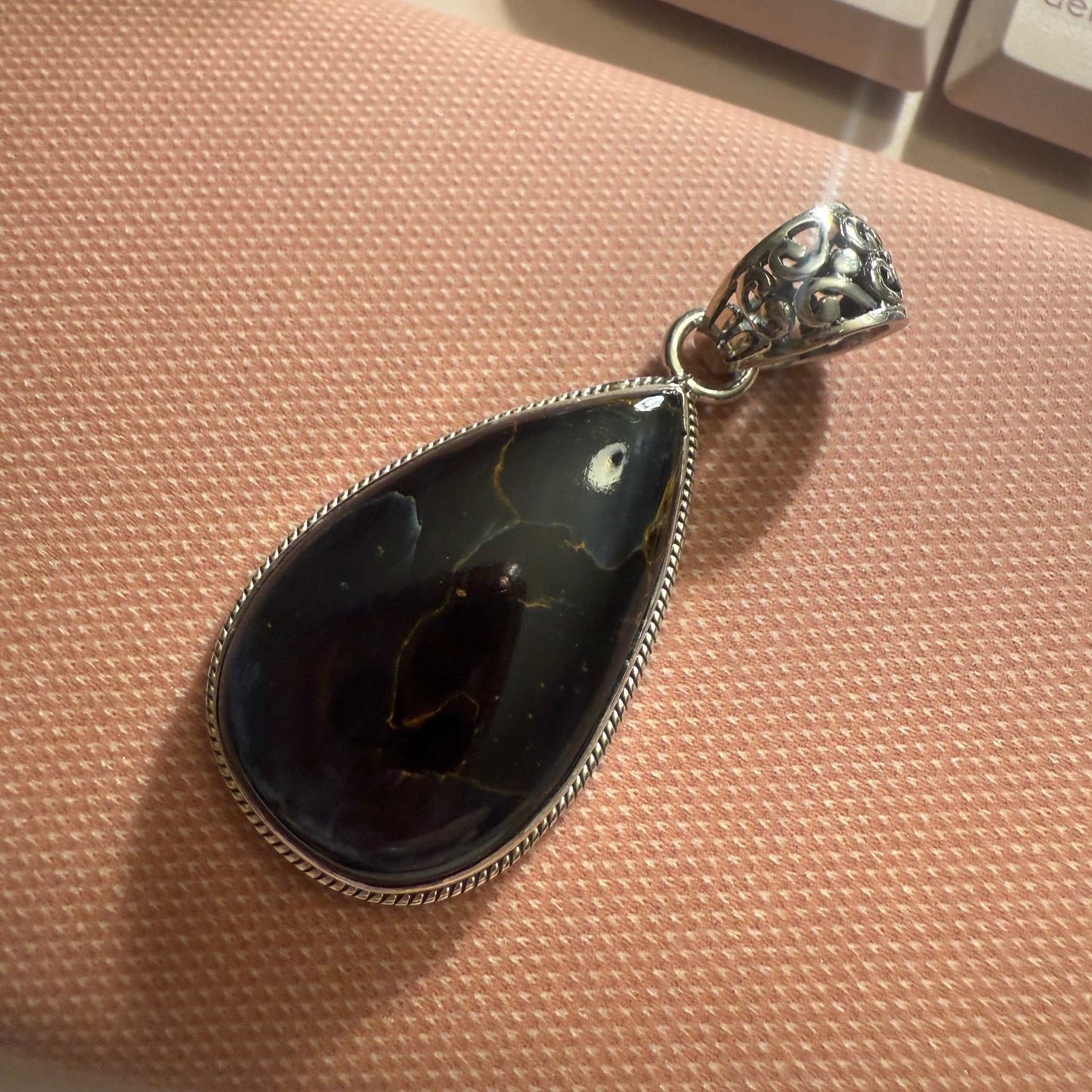 Teardrop Pietersite Pendant in Sterling Silver (Dark Gold Veins)