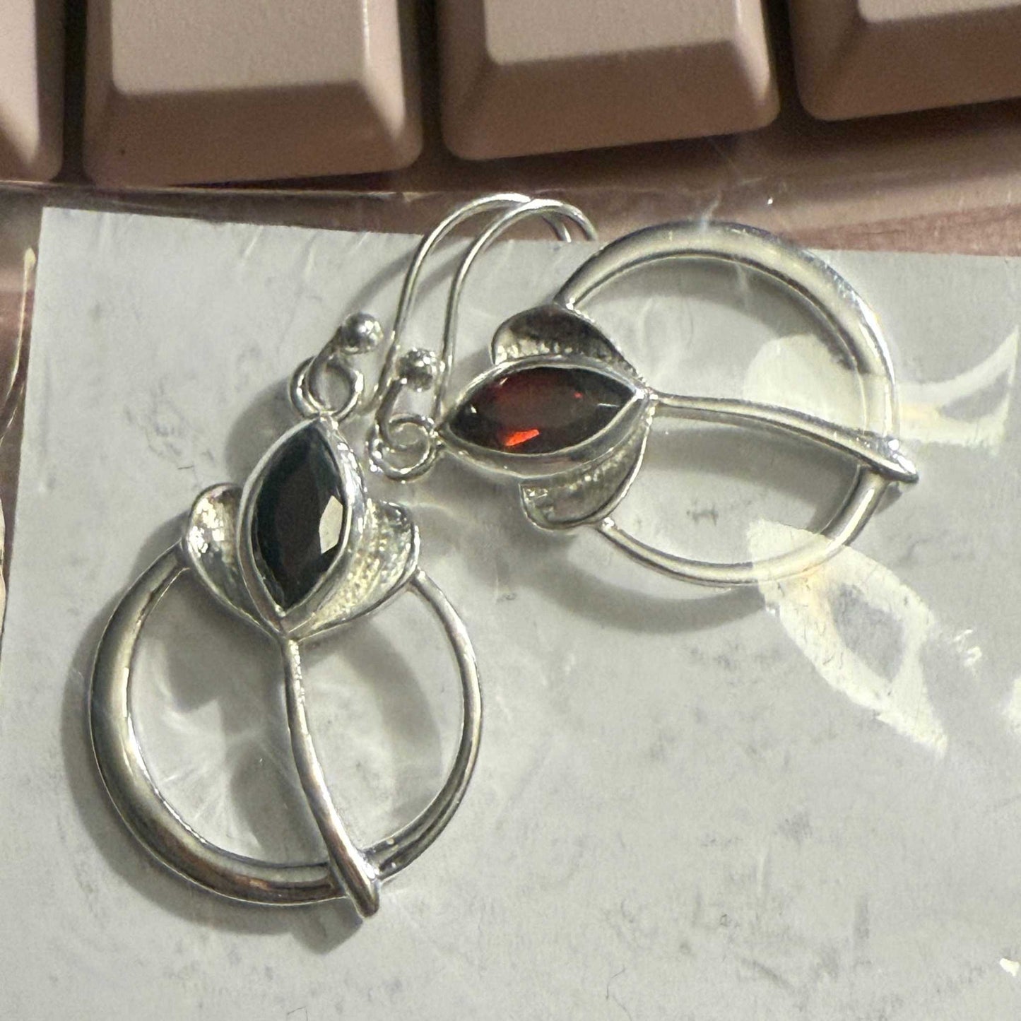 Leaf & Circle Garnet Earrings in Sterling Silver