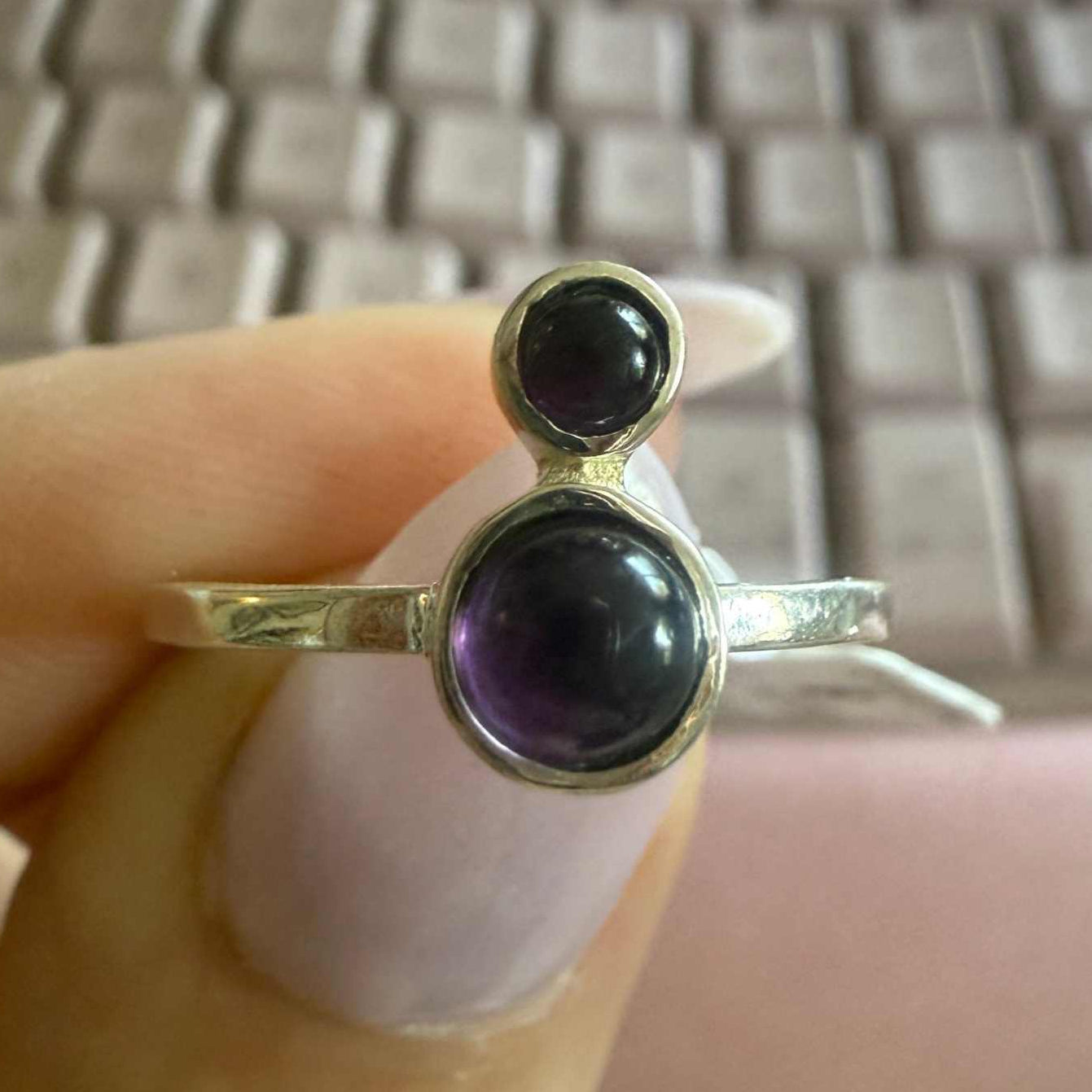 Sterling Silver Double Amethyst Cabochon Ring – Sizes 5, 8 & 9 – Intuition, Balance & Spiritual Protection