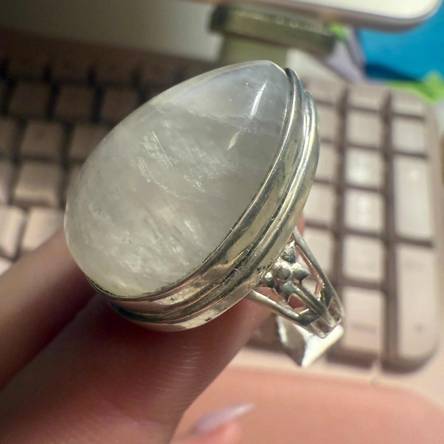 Large Teardrop Rainbow Moonstone Sterling Silver Ring – Size 6