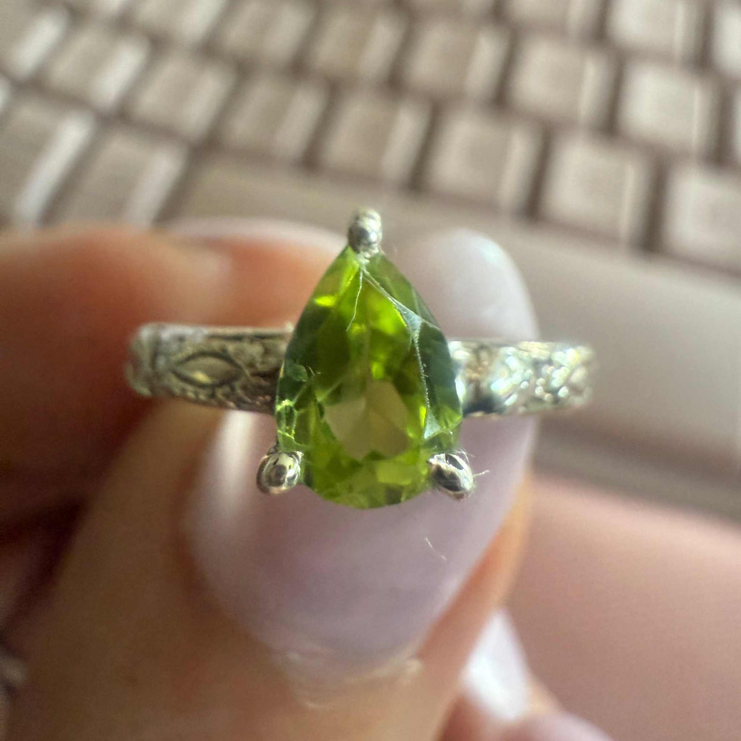 Peridot Teardrop Faceted Ring – Sterling Silver – Sizes 6 & 7