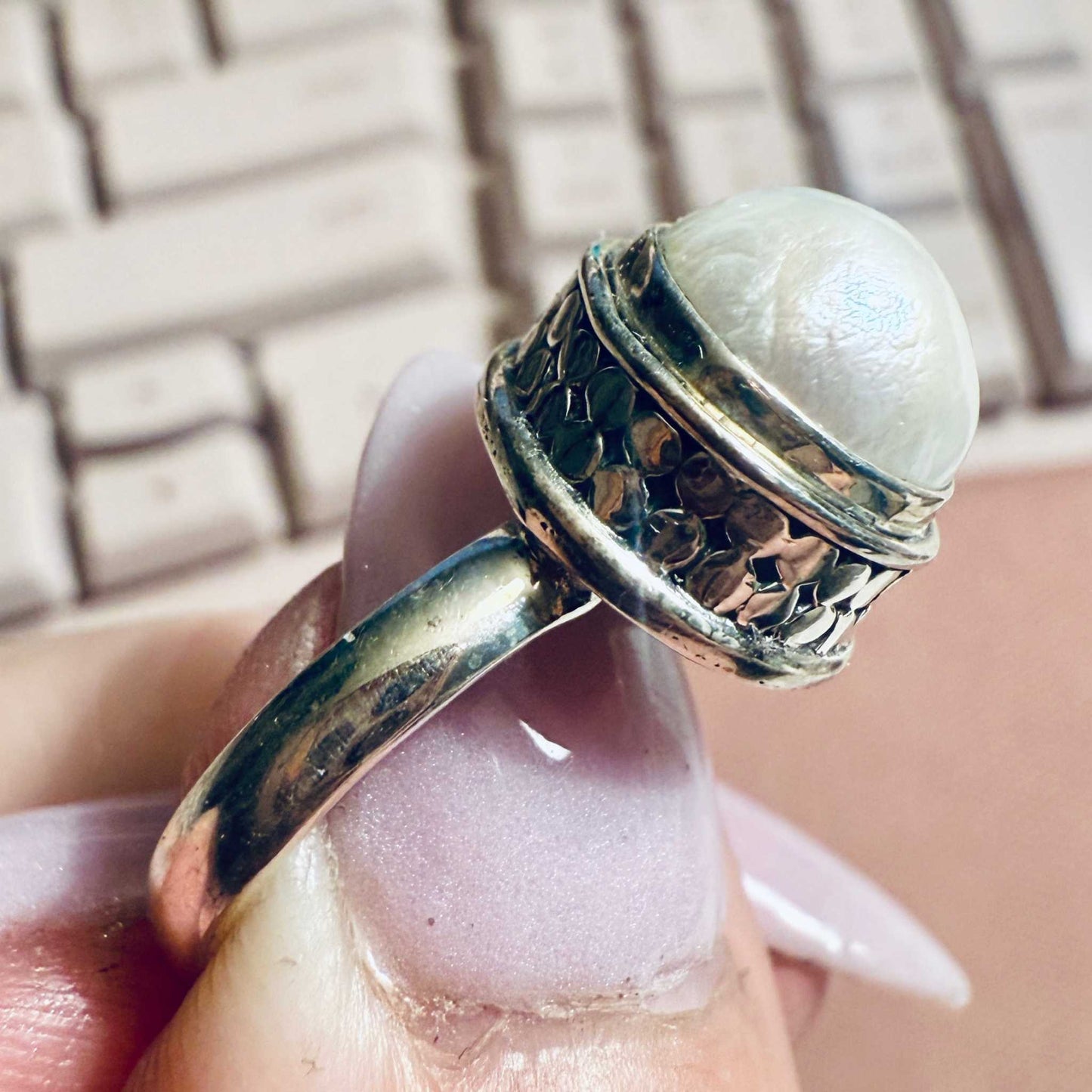 Pearl Textured-Bezel Dome Ring – Sterling Silver – Size 6–8