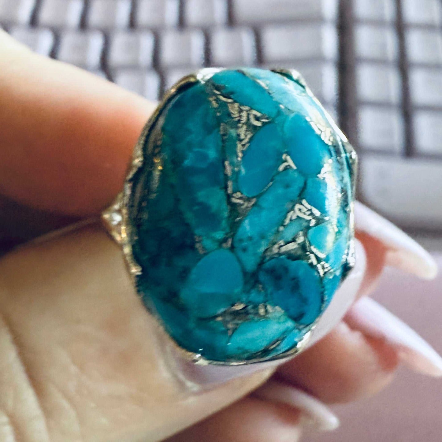 Oval Turquoise Mosaic Ring - Sterling Silver — Size 7